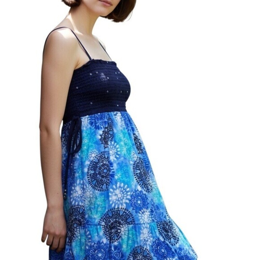 Justice Girls Sundress Size 16 Blue Medallion Print Smocked Sequins